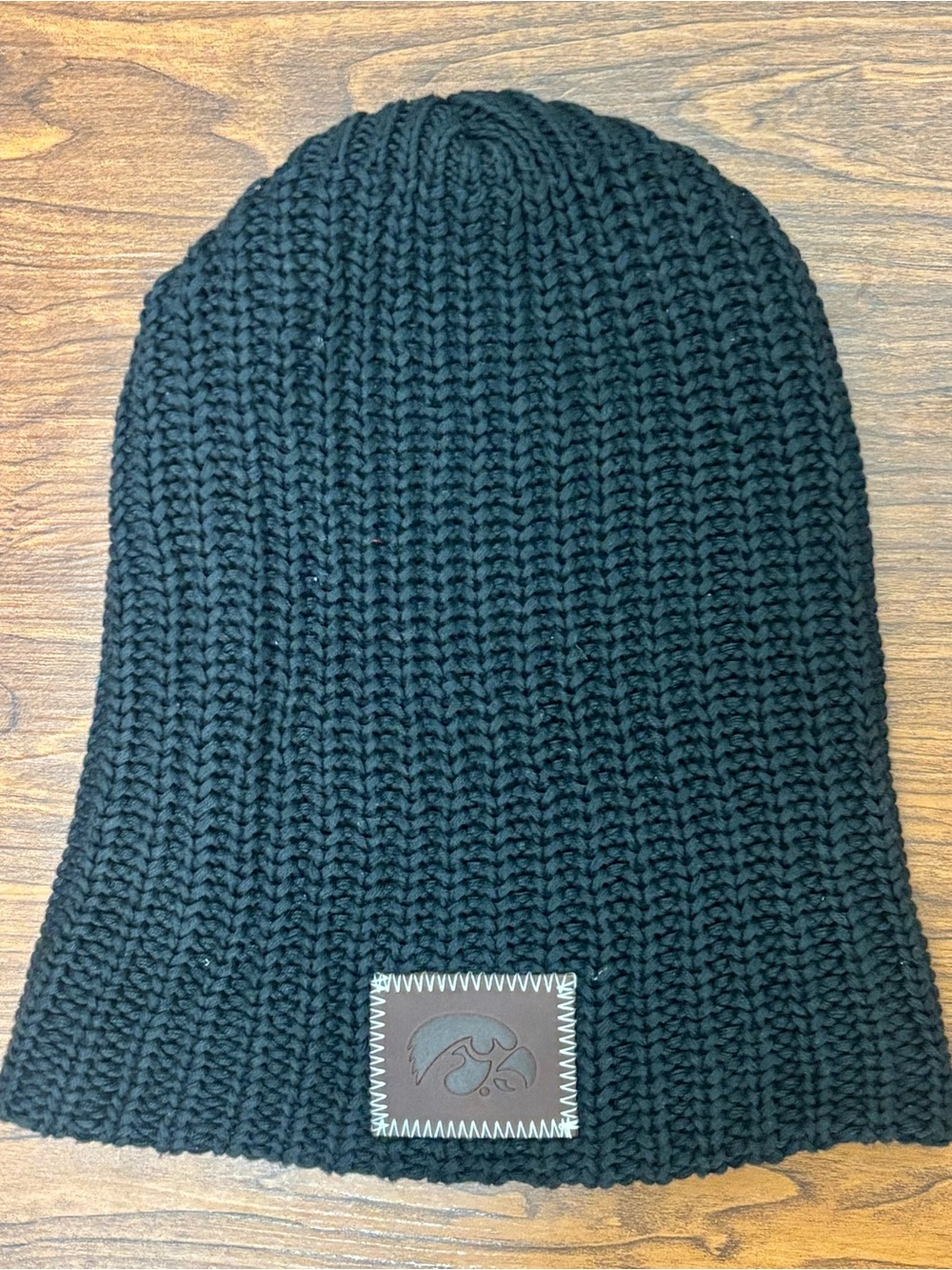 Iowa Hawkeyes Women Oversized Knit Beanie Leather Patch Black Hat